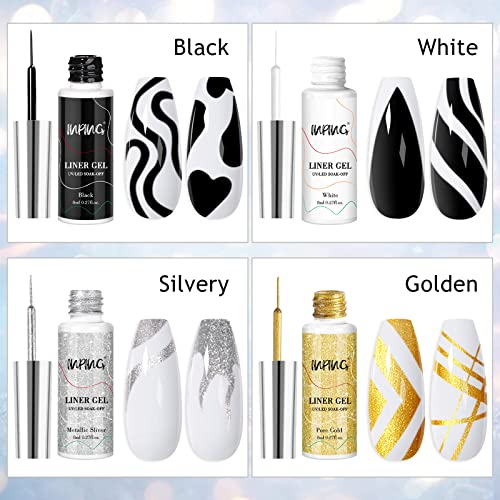 INPING Nail Art Liner Gel Polish, 2 Basic Colors Black White Liner Painted Gel Set Soak-Off UV/LED Nail Varnish Line Pen for Drawing Liner Swirl