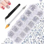 1500PCS Nail Gems, 6 Sizes Flat Back Nail Rhinestones, JUYOO 12 Styles Round Nail Diamonds with Rhinestone Pickers, AB Shiny Nail Crystals Gems f