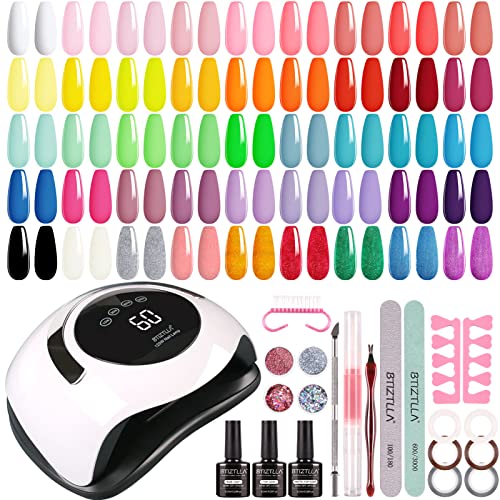 Btiztlla 21 Colors Gel Nail Polish Kit with 120W LED Light, Red Nude Glitter Gel Nail Polish Set, UV LED Nail Lamp, No Wipe Base Top Coat, Manicu