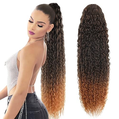 Drawstring Ponytail Extension, 30 inch Long Curly Ponytail Hair Extension Synthetic Hairpiece for Women(1B#, 30 inch)