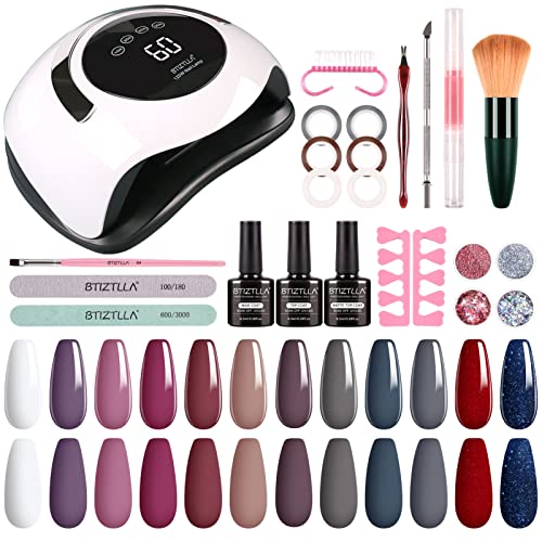 Btiztlla Gel Nail Polish Kit with 120W LED Light, 12 Colors White Nude Glitter Gel Nail Polish Set, UV LED Nail Lamp, No Wipe Base Top Coat, Mani