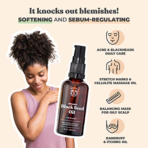 Bionoble Pure Organic Black Seed Oil, Cold Pressed 50ml - Glass bottle + Pipette + Pump - Black Cumin Seed Oil for Hair Growth - Anti-Acne and Pu