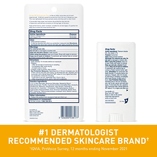 CeraVe Sunscreen Stick SPF 50 0.47 oz with Zinc Oxide, Hyaluronic Acid and Ceramides for Broad Spectrum Sun Protection