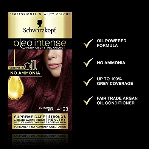 Schwarzkopf Oleo Intense Red Hair Dye, 3-Pack Permanent Oil Colour, No Ammonia, Covers Greys, Burgundy Red 4-23