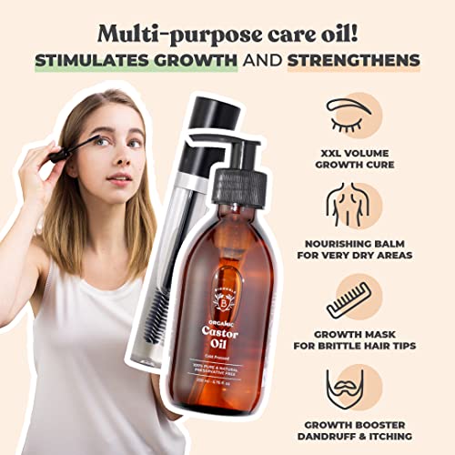 Bionoble Organic Castor Oil 200ml - 100% Pure, Natural and Cold Pressed - Lashes, Eyebrows, Body, Hair, Beard, Nails - Vegan and Cruelty Free - G