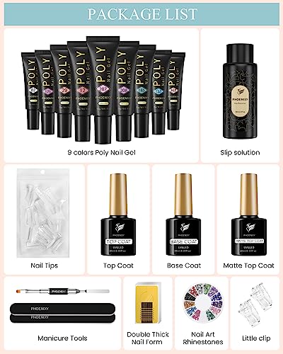 Poly Nail Gel Kit, Phoenixy 9 Colors Nail Builder Extension Gel Kit, with Slip Solution Glossy Matte Base Top Coat Exquisite Tools, Complete Nail