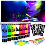 AOOWU Ultraviolet Glow Face Body Paint Set, 8 Colors UV Blacklight Neon Fluorescent Face Paint, Non Toxic Face Painting with Palette and Brush, C