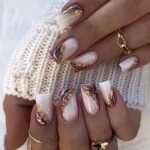 Square False Nails Short, 24Pcs White Purple Fake Nails, Press on Nails with Gold Foil, Full Cover Stick on Nails with Nail Glue, French Nail Tip