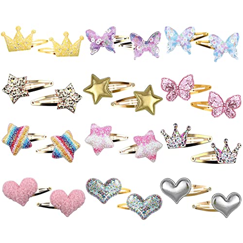 KEYRI 24 Pcs Hair Clips Girls Hair Accessories Star Butterfly Crown Heart Shaped Hair Barrettes Women Hair Pins Sparkly Cute Hair Clips for Girls