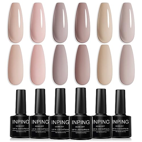 INPING Gel Nail Polish, 6 Colors Nude Gel Polish Bare Apricot Light Beige Natural Skin Dark Brown Popular Collection Soak Off UV/LED Lamp Manicur