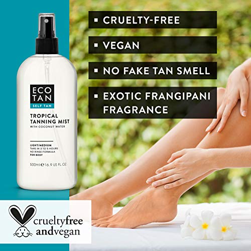 EcoTan Tropical Tanning Face and Body Mist Spray 500ml, Long-Lasting Natural Golden Bronzing Self Tan, Aloe Vera Chamomile & Coconut Water, Vegan