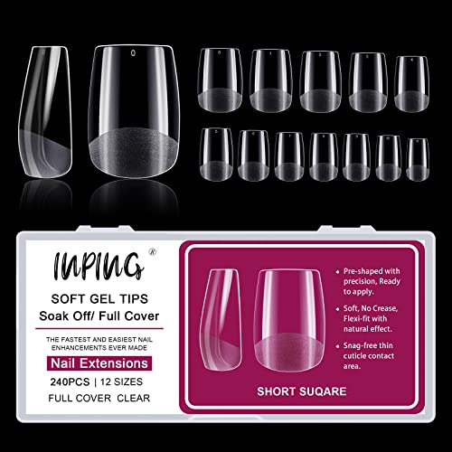 INPING No File Nail Tips, 240PCS Soft Gel Full Cover Nail Tips, Double-Sided Matte Pre-Buff Break Resistant Short Gel Tips for Nail Extensions, F
