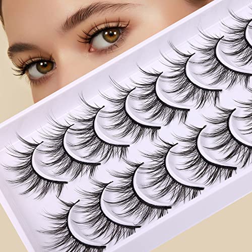 JIMIRE Cat Eye Eyelashes 10 Pairs Fake Eyelashes Fluffy Natural Look False Lashes 14mm Lashes Pack