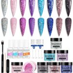 8 Colours Dip Powder Nail Kit, Glitters Color Nail Dipping Powder Set with Base/Top Coat, Activator and Brush Saver, Nail Powder Dip Kit Home DIY