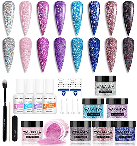 8 Colours Dip Powder Nail Kit, Glitters Color Nail Dipping Powder Set with Base/Top Coat, Activator and Brush Saver, Nail Powder Dip Kit Home DIY
