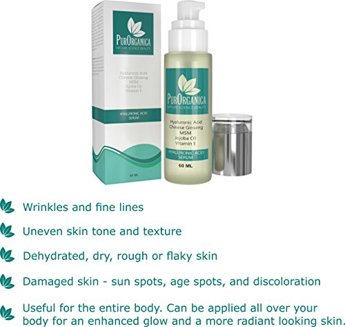 PurOrganica Hyaluronic Acid Face Serum - Huge 60 ML Bottle - The Best Anti Ageing & Anti Wrinkle Serum - This Premium Organic Serum Will Plump, H