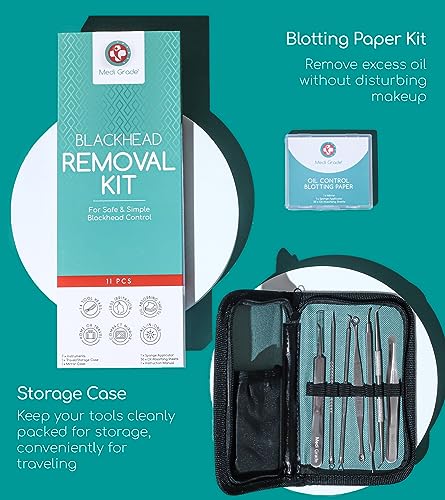 Medi Grade Blackhead Remover Tool with Blotting Paper for Oily Skin, 50-sheets - Comprehensive Pimple Popping Kit for Acne-Prone Skin with Skinca