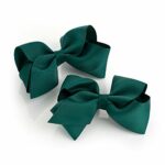 Card of 2 Hair Bow Clips Girls Hair Grips for School Wear Hair Clips Ribbons (Bottle Green)