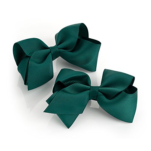 Card of 2 Hair Bow Clips Girls Hair Grips for School Wear Hair Clips Ribbons (Bottle Green)