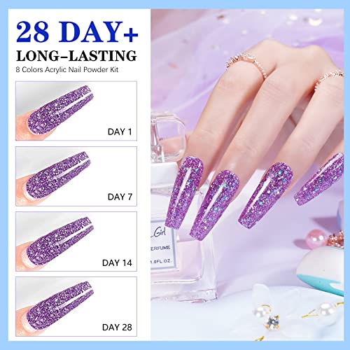 8 Colours Dip Powder Nail Kit, Glitters Color Nail Dipping Powder Set with Base/Top Coat, Activator and Brush Saver, Nail Powder Dip Kit Home DIY