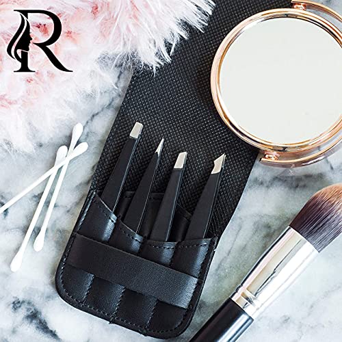 Ruxbury 4pcs Tweezers for facial hair women & men Professional Stainless Steel black color coated precision tweezers Slanted & Pointed Tip eyebro