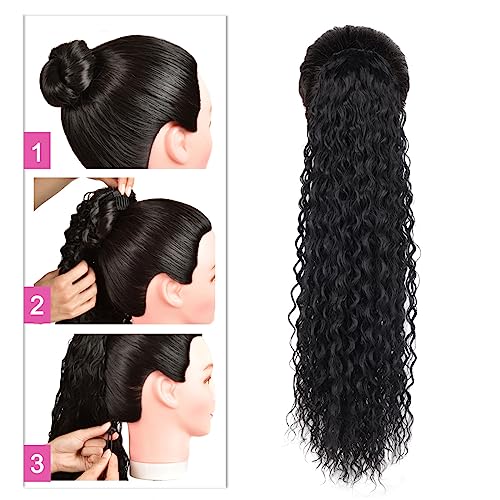 Drawstring Ponytail Extension, 30 inch Long Curly Ponytail Hair Extension Synthetic Hairpiece for Women(1B#, 30 inch)