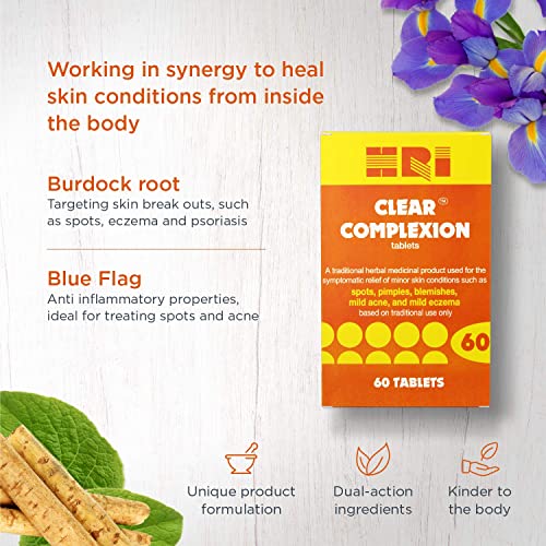 HRI Clear Complexion Tablets. Natural Active Herbs to Relieve Mild Skin Conditions. for The Treatment of Mild Acne, Spots, Pimples, Blemishes, Mi