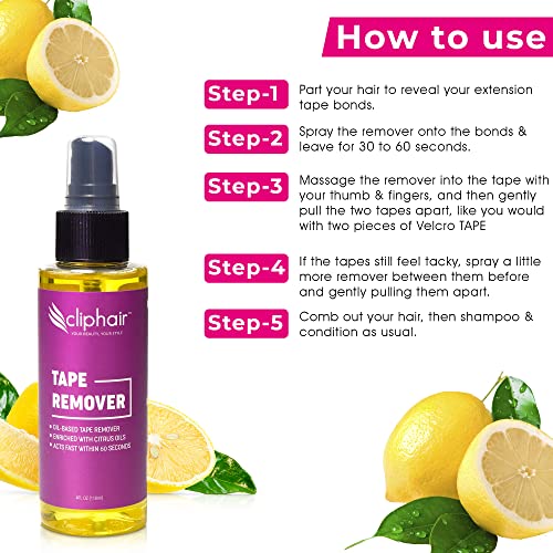Cliphair Tape Hair Extensions Remover 118ml, Easy to Use Tape Remover Hair Extensions 4 FL oz, Citrus Oil Enriched Adhesive Tape Remover