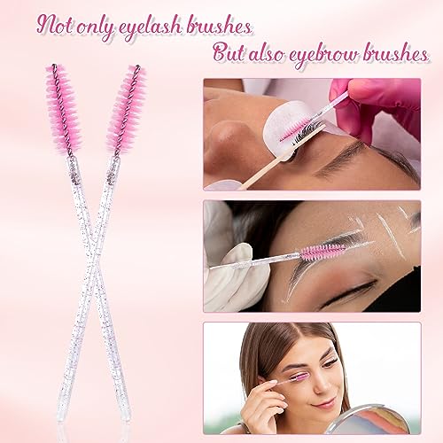 G2PLUS 100 PCS Disposable Eyelash Brushes - Pink Eyelash Spoolies - Crystal Mascara Wands -Eyelash Extension Brush Applicator for Eyelash Extensi