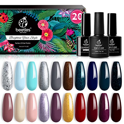 Beetles 20 Gel Nail Polish Glowing Attraction Set Soak Off Nail Gel Polish Nude Gray Red Blue Glitter Black Gel Polish Starter Kit with Glossy Ma
