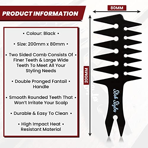 Slick Styles Texture Comb, Black Hair Styling Barbers Comb Wide Tooth Comb 200mm x 80mm Large Two Sided Mens Comb Fantail Handle