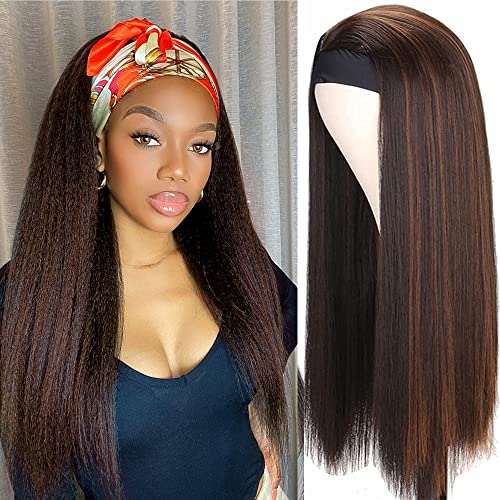 iShine Headband Wigs for Women Long Yaki Straight Headband Wigs for Black Women Afro Kinky Headband Synthetic Wig Glueless Headband Wigs with Bla