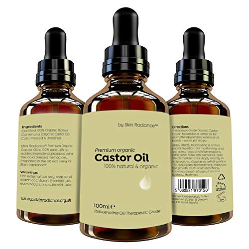 Premium Castor Oil Organic By Skin Radiance® Certified, Hexane Free & Cold Pressed - Vegan & Non GMO - Amazing Results For Hair Growth, Eyelash G