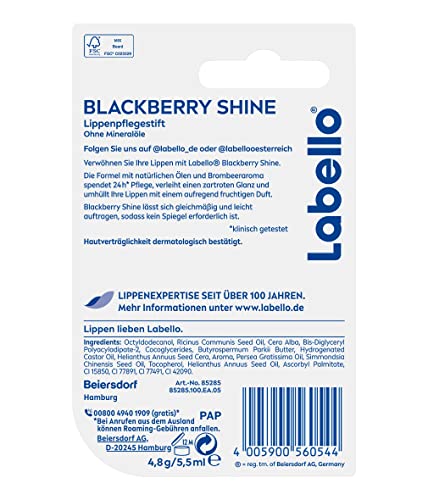Labello Blackberry Shine Lip Balm with Soft Red Shine and Shimmer Pigments 4.8 g without Mineral Oils