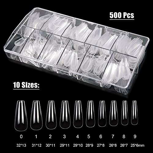 Sularpek Nail Tips, 500 Pcs Clear Natural False Nails, Long Coffin False Nail Tips, 10 Sizes Nail Tips for Nail Extensions, Artificial Nails Tips