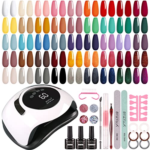Btiztlla 21 Colors Gel Nail Polish Kit with 120W LED Light, Red Nude Glitter Gel Nail Polish Set, UV LED Nail Lamp, No Wipe Base Top Coat, Manicu