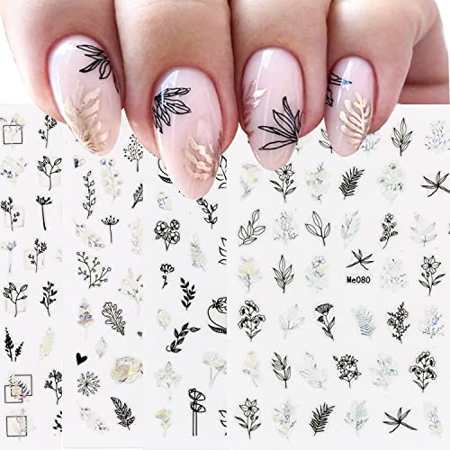 9 Sheets Black Gold Leaves Nail Art Stickers Decals Self-Adhesive Grass Leaves Butterfly Dragonfly Insect Design Manicure Tips Nail Decoration fo