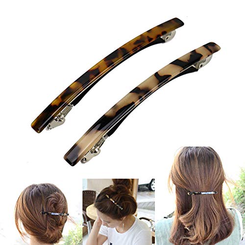 Luckycivia 2 Pack Hair Barrette, Long and Thin Handmade Celluloid Onyx Hair Clip, Elegant Automatic Hair Clip, Barrette Ponytail Holders for Wome