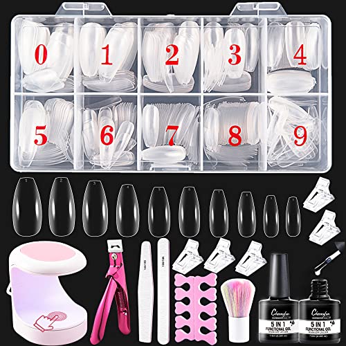 Chennyfun Nail Tips and Glue Gel Kit, Clear Coffin Nail Tips, 500Pcs Acrylic Fake Nails Tips Ballerina False Nails Easy Nail Extension Set with U