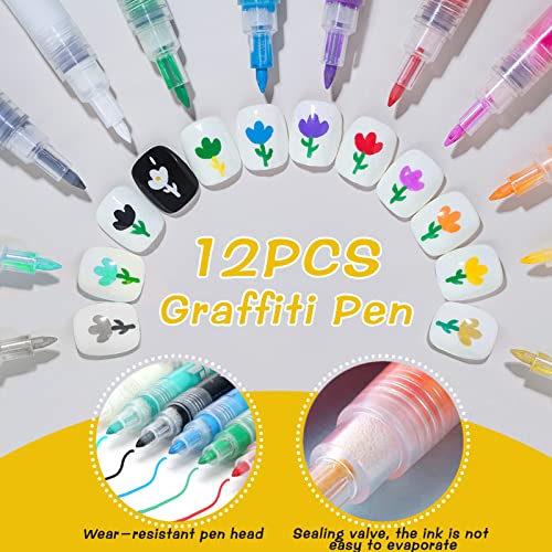 12 Colors 3d Nail Art Pens Set, Quick-Dry Nail Graffiti Painting, Gel Nail Art Pens for DIY Nails Art Design Adorn Manicure Tools for Women Girls