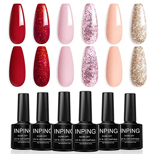 INPING Reflective Glitter Gel Nail Polish, 6 Colours Sparkly Shiny Diamond Flash In Darknight UV Polish, Sliver Gold Purple Blue Pink Green Disco