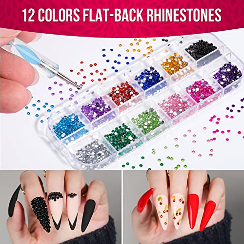 FANDAMEI Nail Starter Kit with Nail Gems - 15pcs Nail Pen Designer + 5pcs Dotting Tool + 10pcs Nail Striping Tape + 12 Boxes Nail Crystals + 12 B