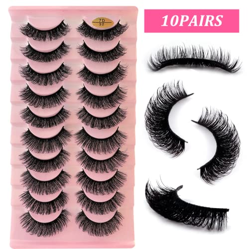 False Eyelashes Russian Strip Lashes 10 Pairs Reusable Natural Look 7D Faux Mink Lashes Fluffy Volume Wispy Fake Eyelashes Handmade Thick Soft Lo