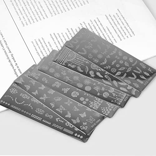 MWOOT 6Pcs Nail Art Stamping Plates Set,Flower Leaf Butterflies Feathers Nail Stencils Plates Manicure Print Tool,Nail Plates Image Stamp Templat