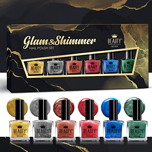Beauty4Britain Glam & Shimmer Nail Polish Set - 6 Stunning Shades for Vibrant, Shiny Nails - Long-Lasting Formula, 10 ml Each