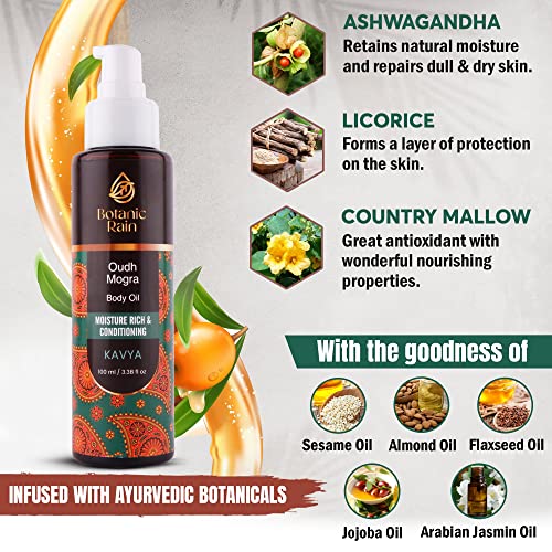 Botanic Rain Organic Body Oil with Oudh & Mogra, Ayurvedic Natural Body Massage Oil, Aromatic Bath Oil Moisturizing & Hydrating - Massage Oil