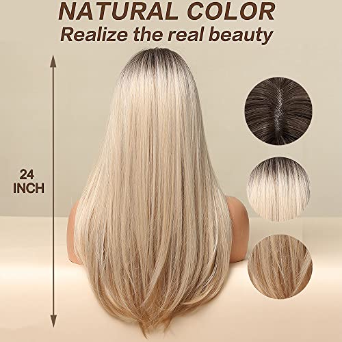 Esmee 24 Inches Long Straight Blonde Wig with Bangs Side Parting Natural Synthetic Hair Ombre Wigs for Women with Dark Roots for Daily Party Cosp