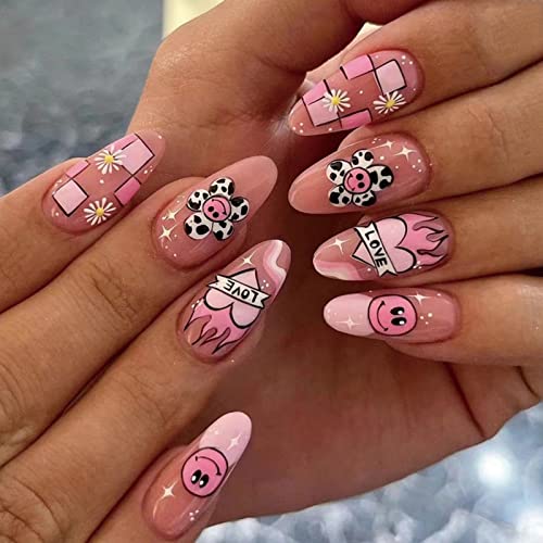 JUSTOTRY 24 Pcs Pale Orange Heart Short False Nails Stiletto,Beige French Press on Nails Pattern,Fake Nails Short with Nail Glue,Almond Medium St