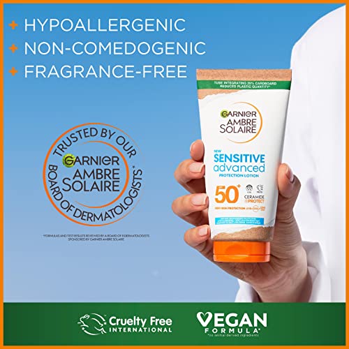 Garnier Ambre Solaire SPF 50+ Sensitive Advanced Sun Cream, For Sensitive Skin, Water Resistant & Non-Greasy Sunscreen, SPF 50 UVA & UVB Protecti