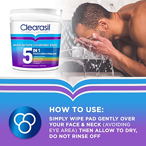 Clearasil 5-In-1 Multi-Action Cleansing Salicylic Acid Pads, Face Exfoliating For Acne Prone Skin, Unblock Pores, Reduces Blackheads, Pimples & E